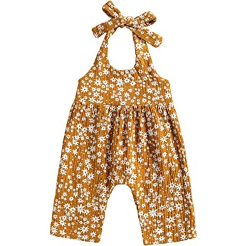 Baby Girls Daisy Playsuits Bodysuit+Headband Print Halter Romper Floral Jumpsuit Infant Onesie Summer Clothes