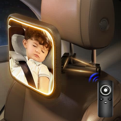 Semxnly Baby Car Mirror with Light - Rechargeable Car Seat Mirror for Baby Rear Facing with Remote Control, Clear Vision, 360° Rotation Rear Facing Car Seat Mirror, Shock and Shatter Resistant