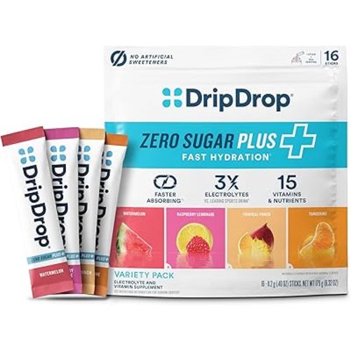 DripDrop Zero Sugar Plus - Sugar Free Hydration Packets- Single Serve Electrolytes Powder Drink Mix - Raspberry Lemonade, Watermelon, Tangerine, Tropical Punch - Non-GMO, Vegan- 16 Sticks