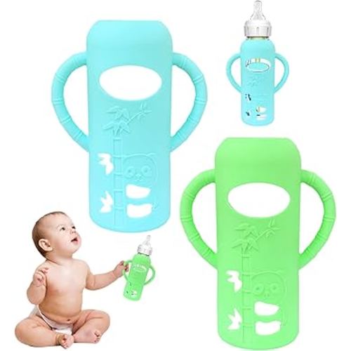 2pack Baby Bottle Handles Compatible with Dr Brown's Glass Bottles, Baby Bottle Holder Hands Free Cultivate Baby's Sense of Independent Eating and Add Fun to Eating (2, Green+Cyan, 8 oz)