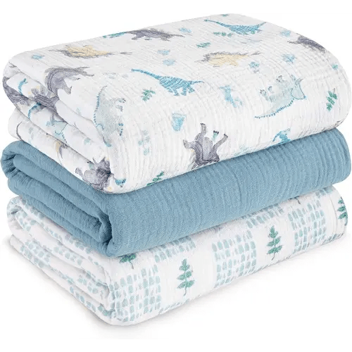 Muslin Swaddle Blankets for Newborn, 3 Pack Breathable Soft Receiving Blanket, Large 38 x 40 inches Swaddle Wrap Burping Clothes Diapers, Essentials Infant Shower Items, Toddler Gift (Blue Dinosaur)
