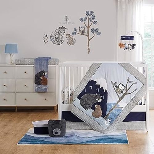Levtex Baby - Rowan Crib Bed Set - Baby Nursery Set - Navy Grey White Blue Taupe - Bears and Mountains - 5 Piece Set Includes Quilt, Two Fitted Sheets, Wall Decal & Skirt/Dust Ruffle