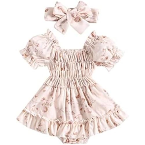 YINGISFITM Infant Baby Girl Long Sleeve Bubble Romper Ruffled Dress Cow Print Onesie Summer Dresses Cute Clothes