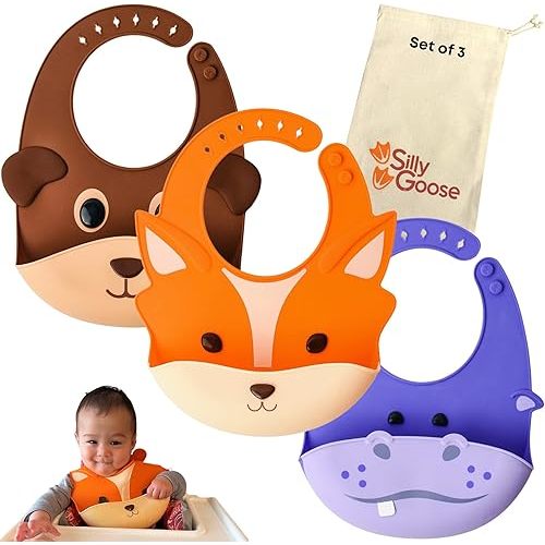 Silly Goose Set of 3 Silicone Animal Baby Bibs for Babies and Toddlers, Waterproof, Adjustable, Soft, Extra Wide Food Catcher Pocket (3PK Fox+Bear+Hippo)