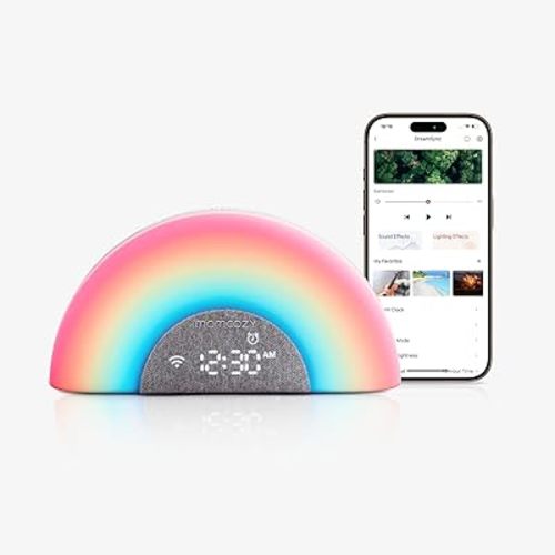 Momcozy DreamSync™ Baby Sound Machine, Night Light, APP Control Baby Sleep Trainer, Routine Builder, White Noise Machine with 34 Soothing Sounds, Wake Up Light Sunrise Alarm Clock, Wireless Speaker