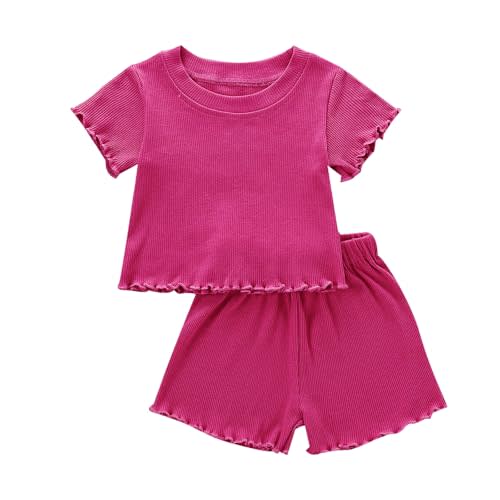 Dimoybabe Toddler Baby Girl Summer Clothes Ribbed Knit Cotton Cute Summer Outfits Short Sleeves 2 Pieces Shorts Set 12M - 5T