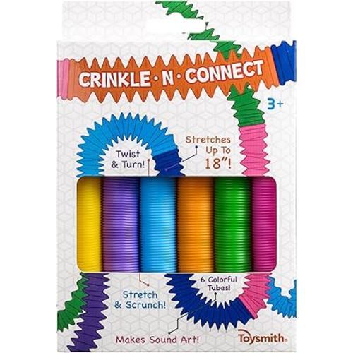 Toysmith Crinkle N' Connect, 6 Colors, 6 Tubes, Makes Sound, Musical Toy, Fidget Toy, for Boys and Girls Ages 3+