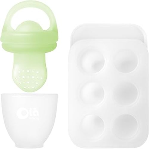 Olababy Silicone Food Feeder & Popsicle Set for Solid Food Introduction | Cooling Relief BPA Free Freezer Tray Combo for Fruit, Frozen Breastmilk, Puree, Smoothies for Infants, Babies
