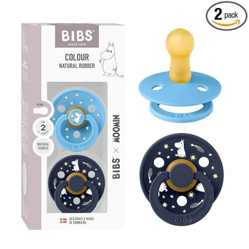 BIBS Colour Moomins Pacifier 2-Pack, BPA Free Pacifier, Round Nipple. Natural Rubber Latex, Made in Denmark, Size 2 (6-18 Months), Breeze/Deep Space