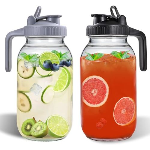 64oz Glass Pitchers with Lid and Spout, 2 Quart Mason Jar Pitchers, Wide Mouth Jar Leak-proof Water Jug for Water, Juice, Milk, Tea, Iced Coffee, and Drinks, 2 Packs. - Grey & Black - 2 PCS