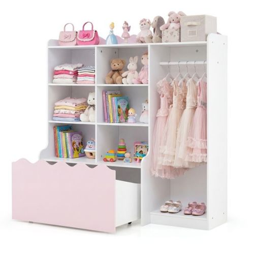 Costway Kids Toy Storage Organizer, Children Dress up Closet Wardrobe with Clothing Rack Pink + White