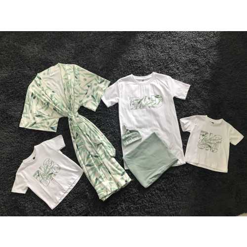 Olive Leaf Family Matching Set – Sage Maternity Robe, Swaddle & Hat, White T-Shirts for Dad, Big Bro, Big Sis – Perfect Baby Shower Gift.