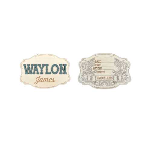 Personalized Cowboy Western Baby Announcement Sign – Custom Name Engraved Belt Buckle Shape Birth Stat, 7.5” x 5.1" Newborn Photo Prop