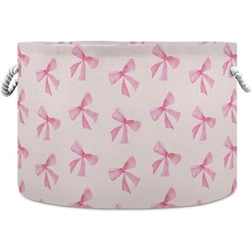 Burbuja Pink Bow Round Storage Basket with Cotton Rope Handles, Laundry Basket for Blankets, Toys, Nursery, Living Room Decoration