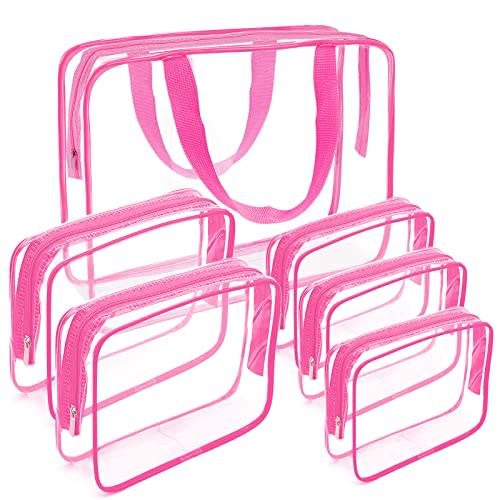 APREUTY Clear Makeup Bags, TSA Approved 6 Pcs Cosmetic Makeup Bags Set Clear PVC with Zipper Handle Portable Travel Luggage Pouch Airport Airline Vacation Organization (Rose Red)