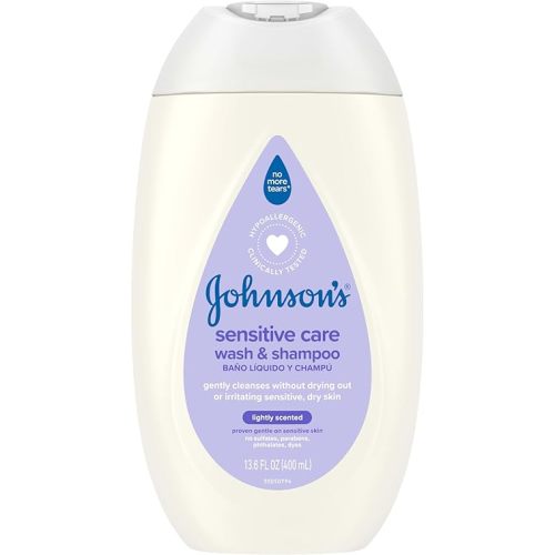 Johnson's Sensitive Care Baby Body Wash & Shampoo, Daily Moisturizing 2-in-1 Baby Wash & Shampoo to Gently Cleanse Dry, Sensitive Skin, Lightly Scented, Tear-Free, Hypoallergenic, 13.6 fl. oz