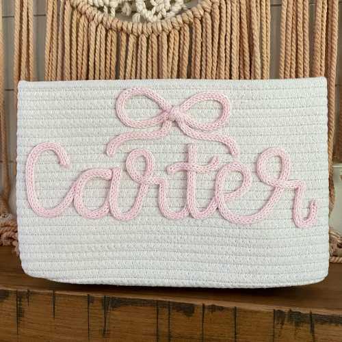 Personalized Name Basket with Bow, Baby shower gift basket, Monogram Basket, Custom basket, Crochet Knitted Rope Basket