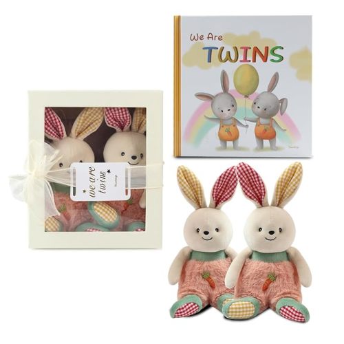 Twins Baby Items Set for Girl and Boy - Plush Rabbit 2-Piece Set and Twin Baby Storybook