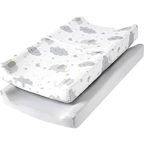 TILLYOU Changing Pad Cover Set in Soft Jersey Material - Fits 32"/34''x16 Contoured Pad for Babies, Elephant & Cloud, Grey