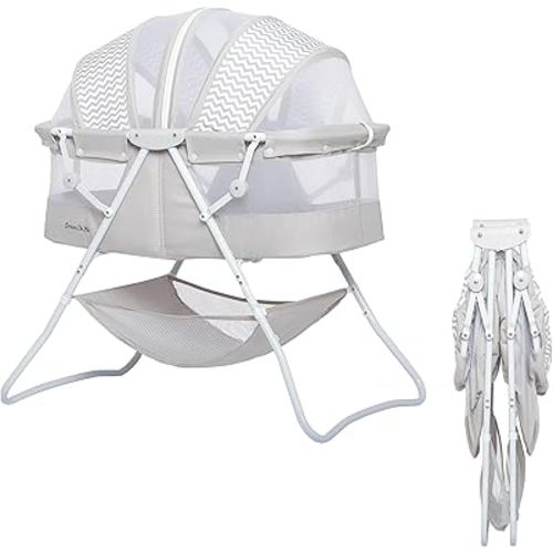 Karley Bassinet in Grey, Lightweight Portable Baby Bassinet, Quick Fold and Easy to Carry , Adjustable Double Canopy, Indoor and Outdoor Bassinet with Large Storage Basket.