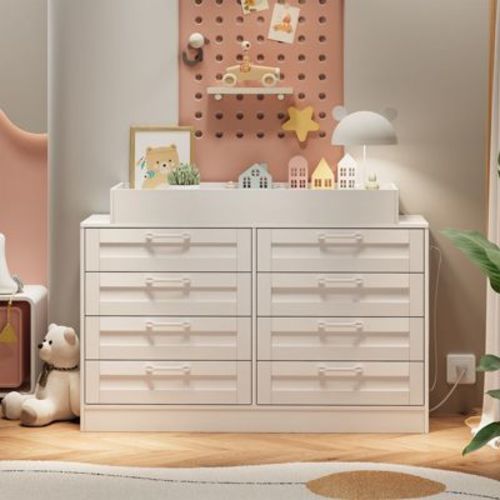 Changing Table Dresser with 8 Wood Drawers, Classic Nursery Dresser, Changing Shelves, Multi-Functional Diaper Changing Station, Dresser for Bedroom