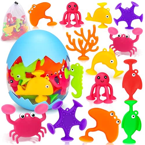 Toddler Suction Cup Bath Toys, Ocean Animal Bath Toys for Kids Ages 1-3 4-8 No Hole Mold Free Bathtub Toys for Toddlers 2-4 3-5 Kids Travel Window Building Toys for 2 3 4 5 Year Old Boys Girls Gifts