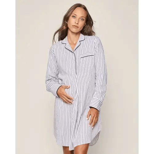 Women's Twill Maternity Nightshirt in Navy French Ticking