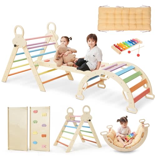 Saryocy Pikler Triangle Set for Kids, 8 in 1 Colorful Montessori Large Climbing Toys for Toddlers 1-6 Inside with Ramp, Arch and Foldable Triangle, Wooden Child Indoor Playground