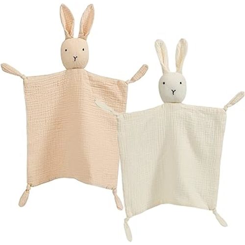 insular Bunny Lovey Blanket for Boys and Girls, Organic Cotton Muslin Security Blanket for Babies, Soft Breathable Lovie Soothing Towel for Newborn and Infant, 2 Pcs Set (Beige&Khaki)
