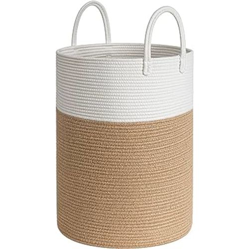 Goodpick Woven Blanket Laundry Basket, 72L Decorative Rope Storage Basket for Living Room, Tall Laundry Hamper for Clothes, Toys, Towels, Big Laundry Basket 16 x 22 Inches, White and Jute