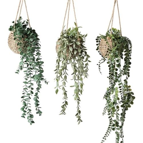 3 Pack Mini Artificial Hanging Greenary Fake Hanging Plants in Basket for Wall Living Room Decor Bathroom Shelf Home Indoor
