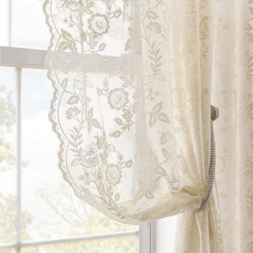 84 Inch Beige Lace Curtains 2 Panels Set for Living Room Bedroom Country Leaf Floral Scalloped Sheer Lace Curtains 84 Inches Long Rod Pocket Privacy Farmhouse Vintage Lacy Curtains, 42 x 84 Inch