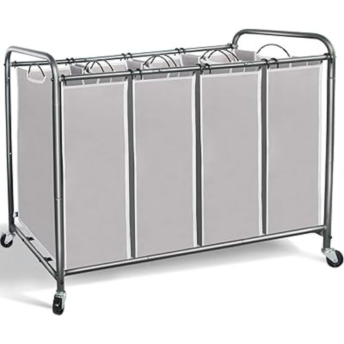 STORAGE MANIAC Laundry Sorter 4 Section, 47.8 Gal (181 L) Laundry Hamper with Wheels, Clothes Divider Basket Sorter, Clothes Separator Hamper Cart with Wheels and Removable Bags, Gray