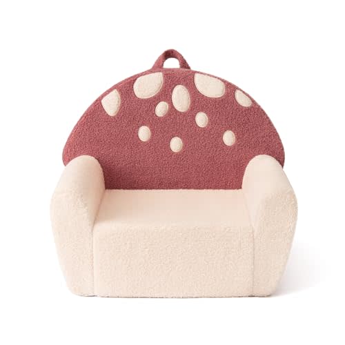 Blissful Diary Toddler Chair Comfy, Foam Kids Chair with Soft Teddy Plush, Toddler Reading Armchair with Cute Mushroom Designs- Rusty Red
