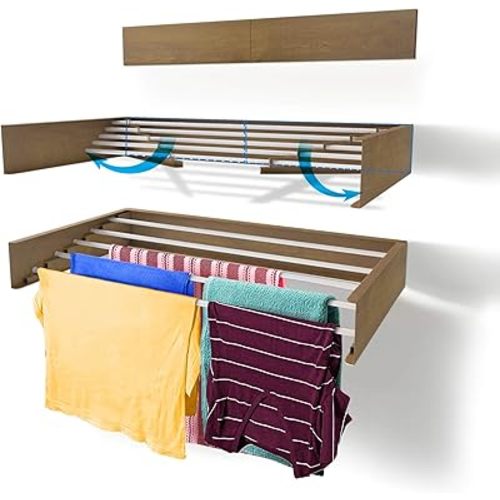 Step Up Laundry Drying Rack (28-INCH Wide - Wood-Look), Wall Mounted, Retractable Clothes Drying Rack, 40lbs Capacity, 11.6 Linear Ft, with Wall Template and Long Screwdriver Bit