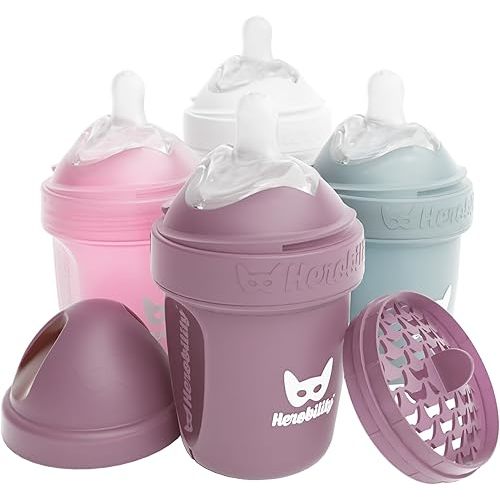 Herobility Double Anti-Colic Baby Bottles – 5 fl oz/140ml – 4-Pack – BPA-Free - Multicolor – White, Gray, Pink, Hawthorn Rose
