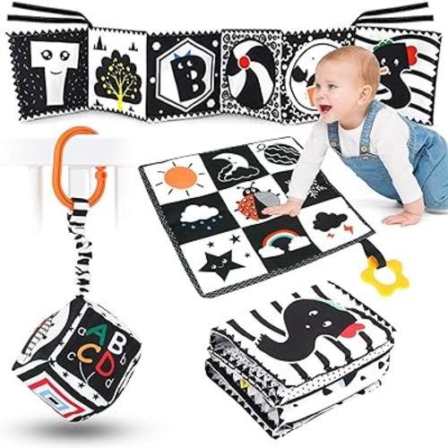 3 Pcs Newborn Toys，Black and White Baby Toys 0-3 Months，Infant Toys，Montessori Toys for Babies 0-6 Months，Tummy Time Toy，High Contrast Baby Toys for Newborn Toys Brain Development
