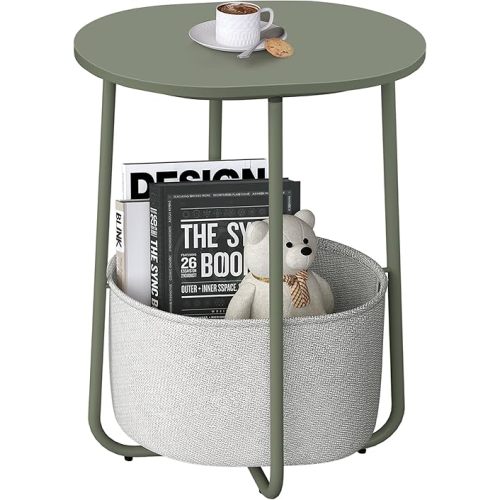 TUTOTAK Small Side Table, Oval End Table, Night Stand, Bedside Table, Sofa Table with Cloth Storage Basket, Living Room, Bed Room, Olive Green TB01BOG063