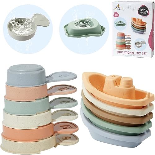 Bath Toys Floating Boats with Bathing Spoon, 11 Pcs Mold Free Bath Toys for Babies 6-12 Months/Kids Ages 1-3, Baby Bathtub Shower Toys Presents for Toddlers Boys Girls