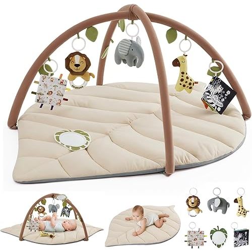 Blissful Diary Baby Play Gym & Activity Mat, Leaf Shaped Baby Tummy Time Play Mat with 6 Detachable Toys, Promotes Motor Skills & Sensory Development, Oatmeal Beige