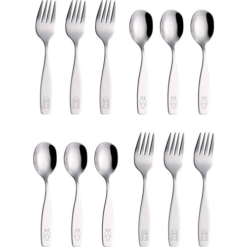 ANNOVA Kids Silverware 12 Pieces Children's Safe Flatware Set Stainless Steel - 6 x Safe Forks, 6 x Children Dinner Spoons, Toddler Utensils, Metal Cutlery Set for Lunchbox (Engraved Dog Bunny) - 12 Piece Set
