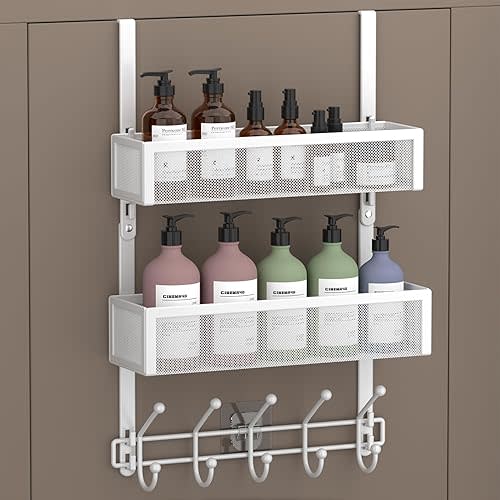 Adjustable Over The Door Hooks Organizer, Door Hanger Coat Rack with 2 Mesh Baskets and 10 Hooks, Back of Door Storage Organizer for Bedroom,Bathroom,Kitchen (White)