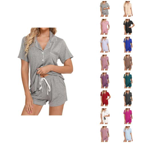 Womens Cotton Pajamas – 2 Piece Loungewear Womens Pajamas Set Short Sleeve Sleepwear Button Down Nightwear Shorts Soft Home Wear Sets