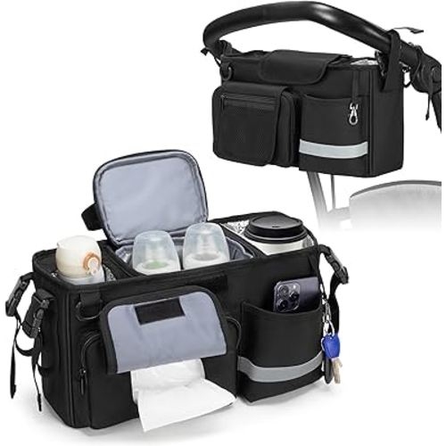 Parent Console Stroller Organizer Compatible with WONDERFOLD W&X, with 2 Insulated Cup Holders, A Removable Cooler Bag, Adjustable Buckle Strap Handle Attachment, Black