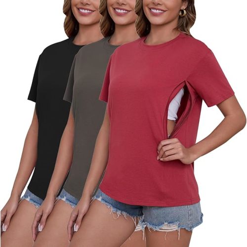 Ecavus Women's 3-Pack Nursing Shirts for Breastfeeding with Hidden Zippers Loose Fit Maternity Tops