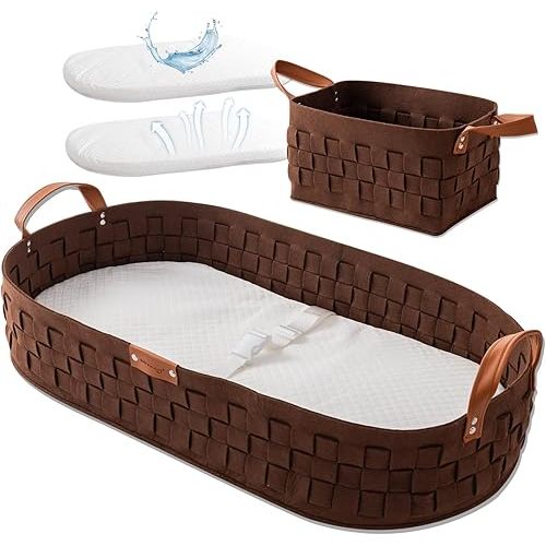 Baby Changing Basket, Baby Changing Pad with Wipeable Waterproof Pad, Small Storage Basket, Moses Basket for Baby Dresser,Living Room,Brown
