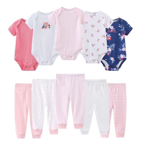 Ruliby Baby Bodysuit and Pant Set 10-pcs Cotton Soft Newborn Boy Girl Clothes Outfits