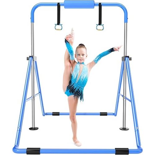 Safly Fun Gymnastics Bar for Kids 3-9, Foldable & Adjustable 35"-51", Supports 141Lbs with Pad, Easy to Assemble, Gymnastics Equipment for Indoor/Outdoor Training