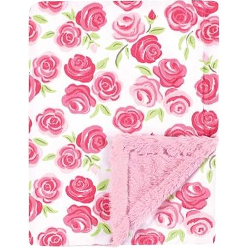 Hudson Baby Unisex Baby Plush Blanket with Furry Binding and Back, Pink Roses, One Size