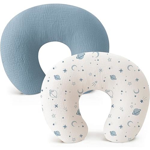 Konssy 2-Pack Muslin Nursing Pillow Covers, Soft & Adorable Nursing Covers for Breastfeeding Pillows, Slipcovers for Newborn Boys & Girls(Blue, Star)